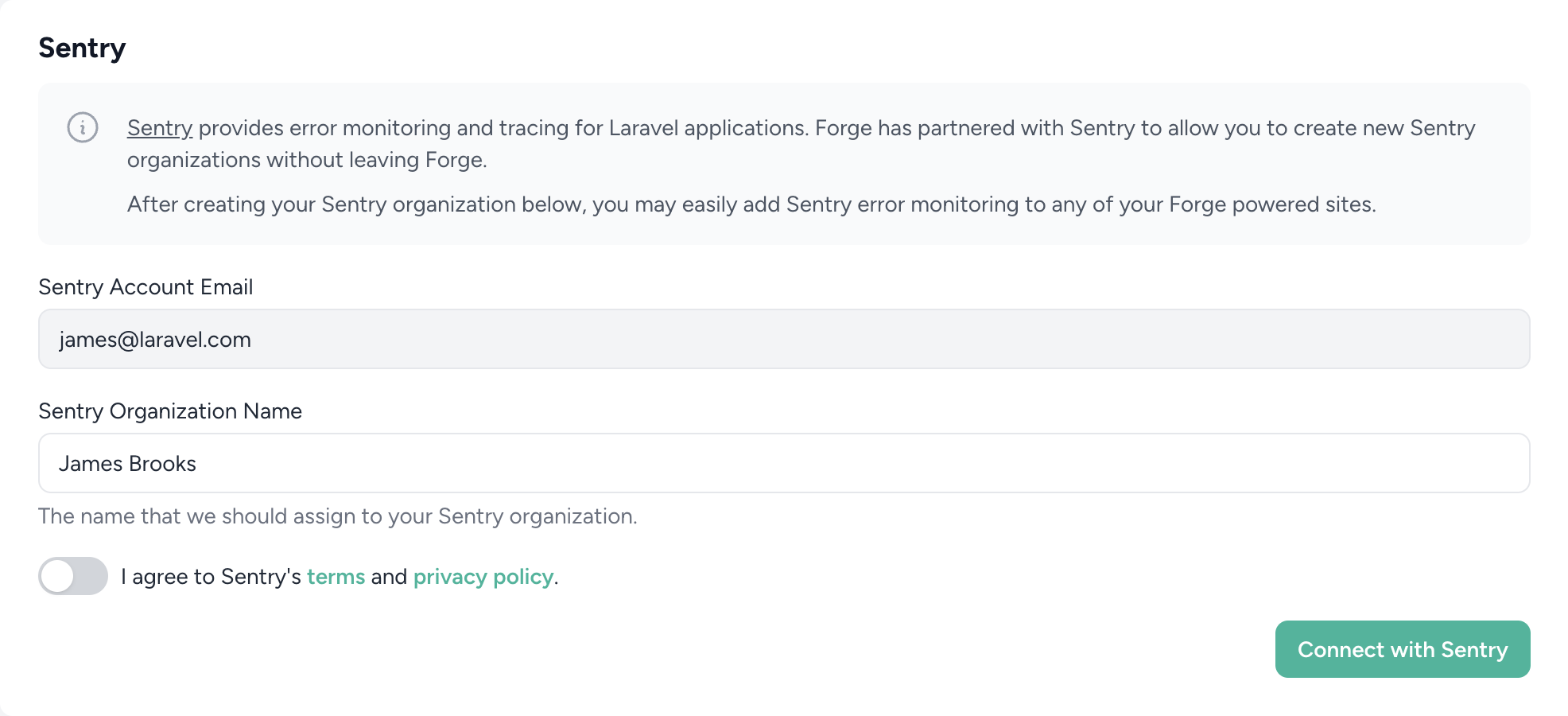 Connect with Sentry User Profile form